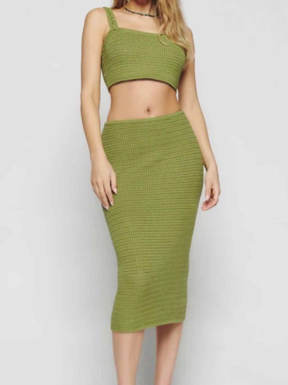Olive Green Knit Midi Skirt Set